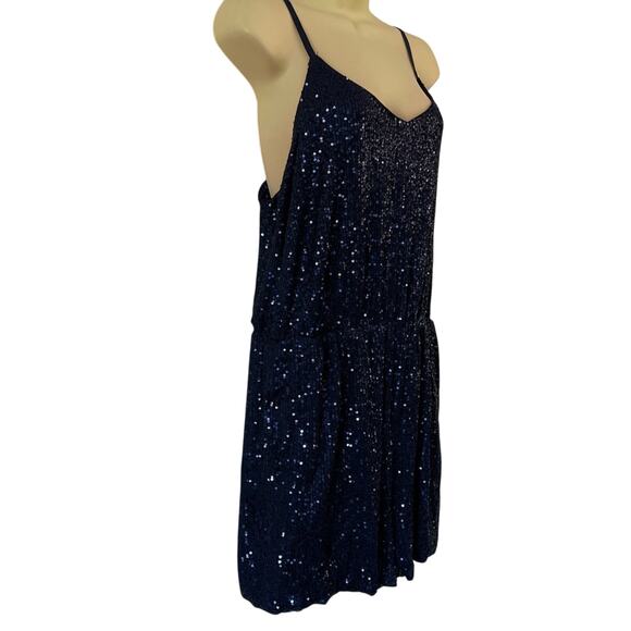 Navy Blue Sequin Knit Romper Woman Size XL Elastic Waist Pockets Lined Clubwear - Picture 2 of 12